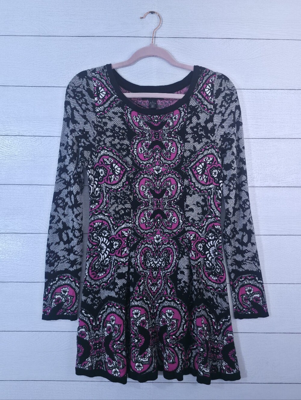 Style & Co Black Pink Knit Long Sleeve A-Line Soft Patterned Sweater Dress Large